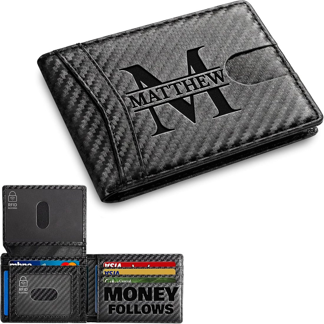 Grand Way Engraved Carbon Slim Bifold Wallet