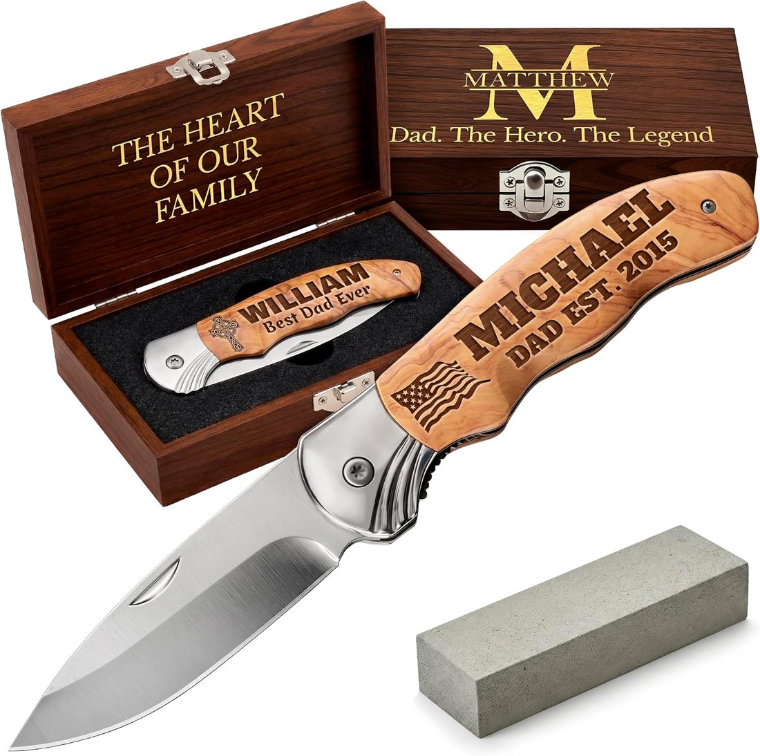 Grand Way Engraved Wood Pocket Knife in Gift Box