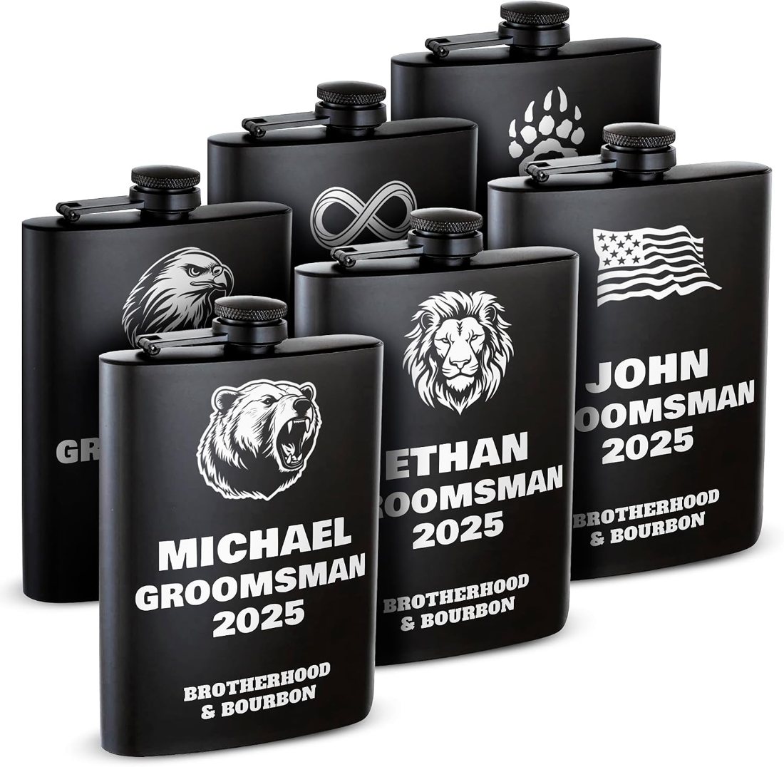 Grand Way Engraved Groomsmen Flask Set of 6