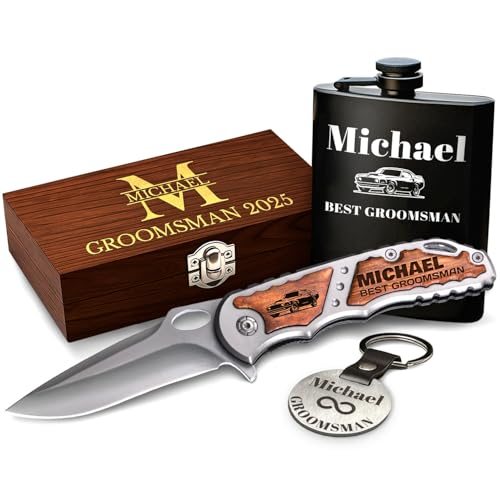 Grand Way Groomsman Gift Box: Knife, Flask & Tag — Wood-inlay knife