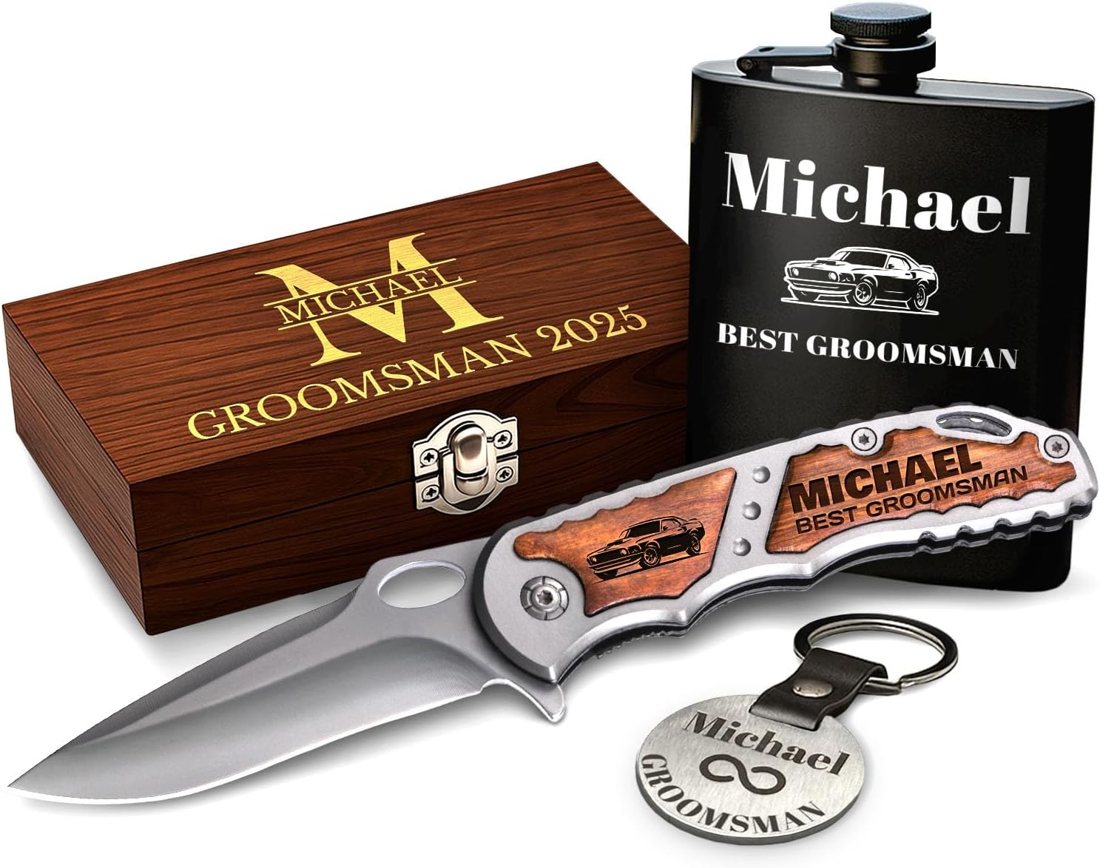 Grand Way Groomsman Gift Box: Knife, Flask & Tag