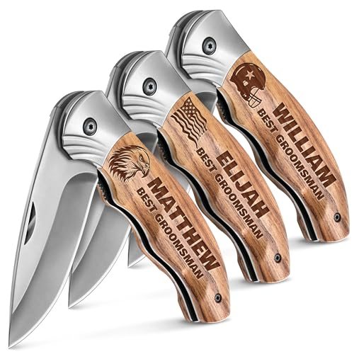Grand Way Groomsmen Wood Liner Lock Knife Set — Set of 3