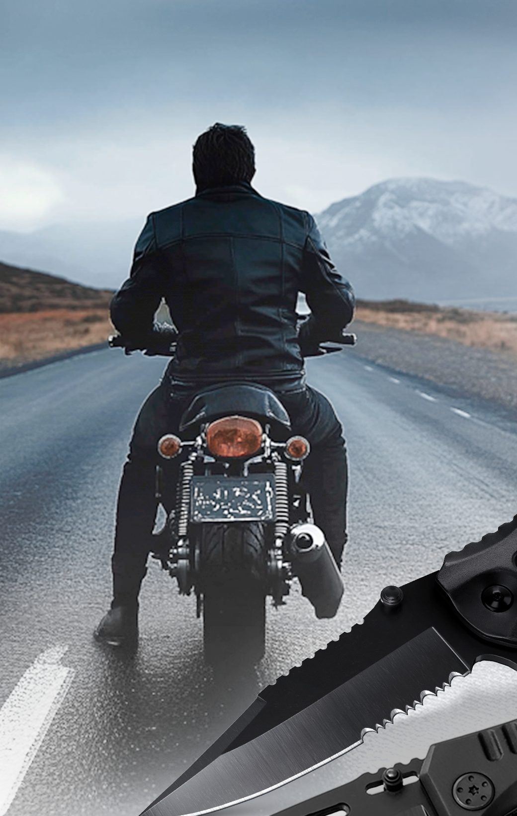 Rider on an open mountain road with a Grand Way pocket knife