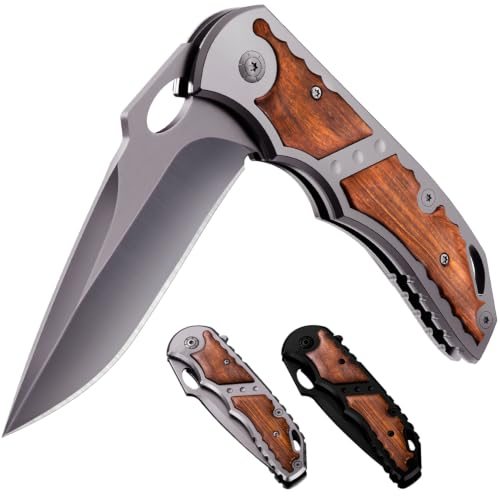 Grand Way Wood Inlay Drop Point Pocket Knife — Silver